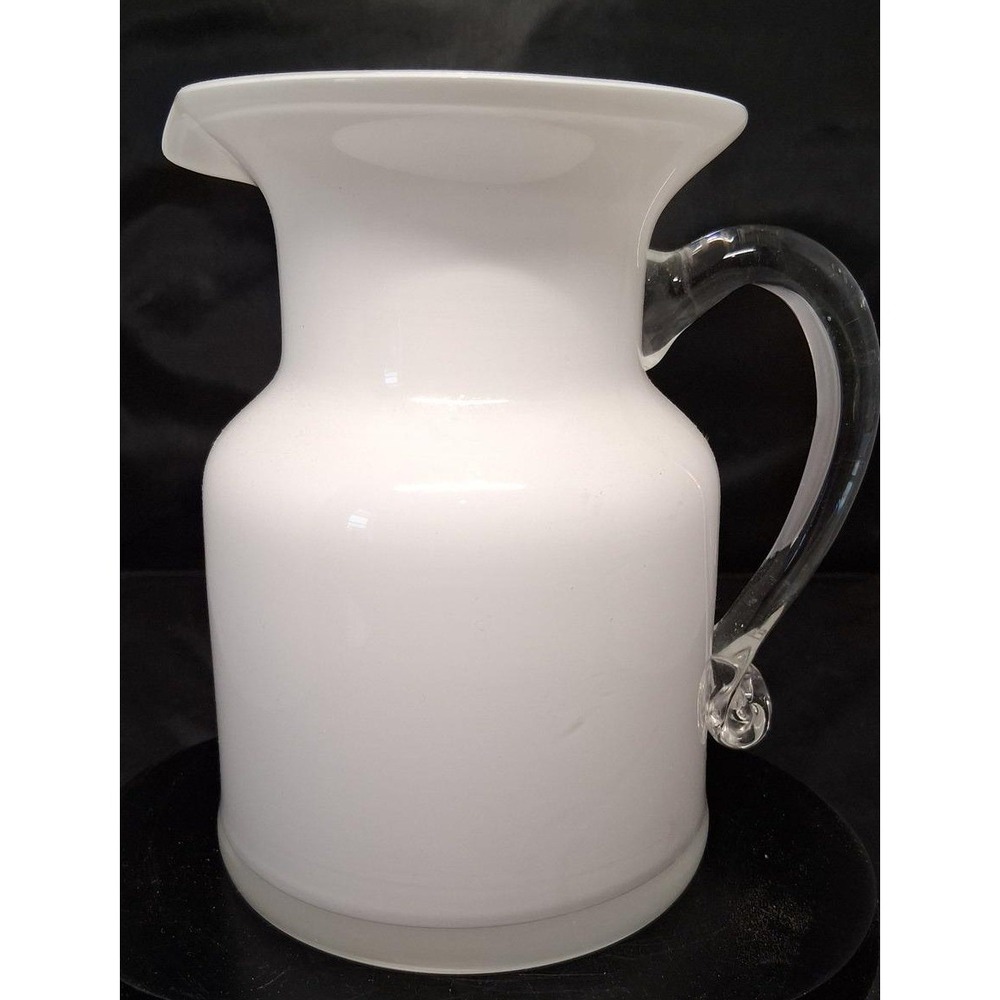Vintage White Glass Pitcher with Clear Applied Handle 6.25 Inch Vase